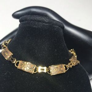 Damascene 7 Links Bracelet 7.5”L Delicate Sun Star Design Real Gold Inlay EVC